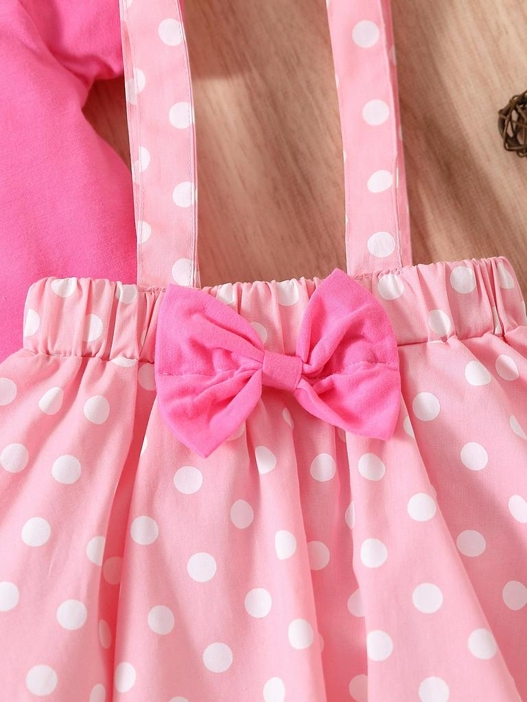 INS Girls' Three-Piece Set: Pink Puff Sleeve Top, Polka Dot Suspender Skirt, and Headband