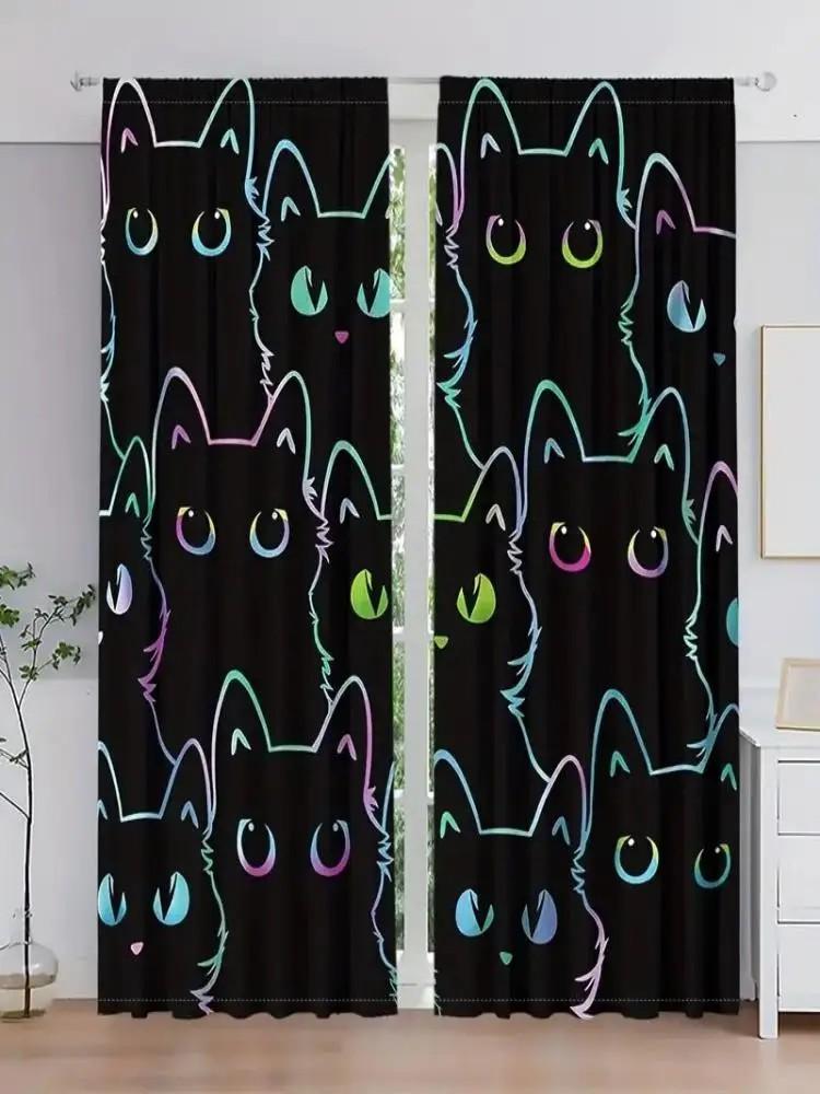 2pcs Colorful Cats Print Curtain  Blackout Drapes for Bedroom  Polyester  Rod Pocket Window Treatment  Home Decor