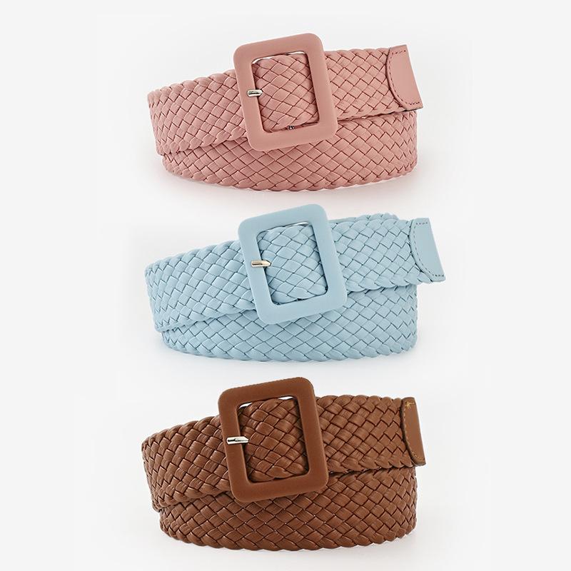 Japanese Pastoral Woven Wide Belt Candy Color Bag Buckle Decorative Dress Jeans Belt Women