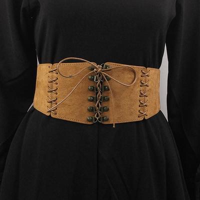 Vintage Suede Lace-Up Waistband Women Woven Decorative Wide Elastic Belt For Dress All-Match Fashion Accessories