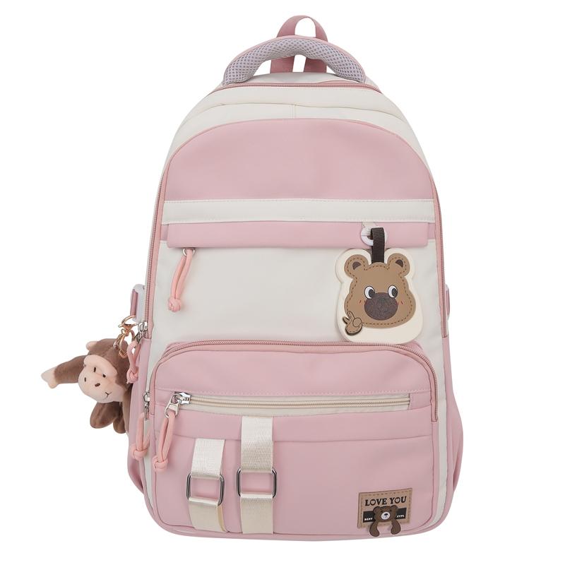 

Вместительный школьный рюкзак для студентов с цветными блоками и мультяшным принтом для девочек розовый