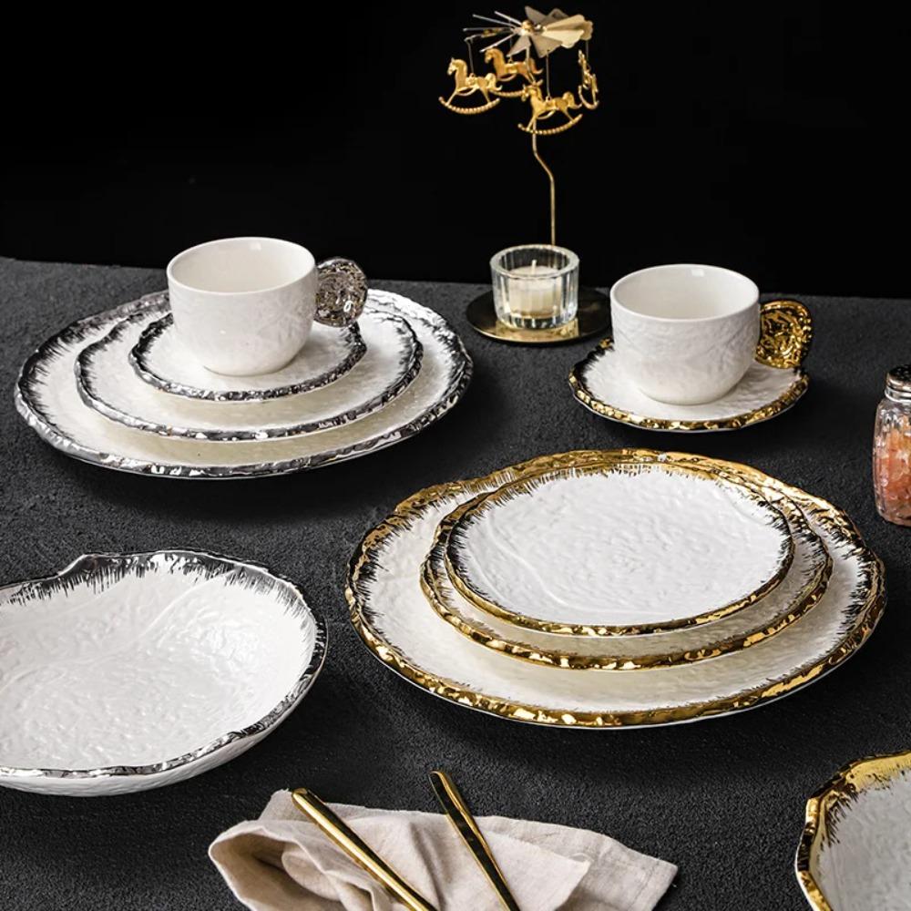 Round Ceramic Steak Plate with Stone Pattern and Gold and Silver Edge Western Restaurant Kitchen Dessert Fruit Plate Tableware
