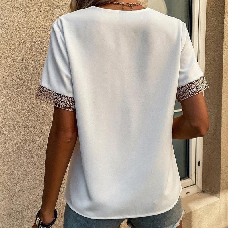 TIFICY Women's Fashion Casual Summer Spring Solid Color Print Lace Short Sleeve V-Neck Blouses & Shirts
