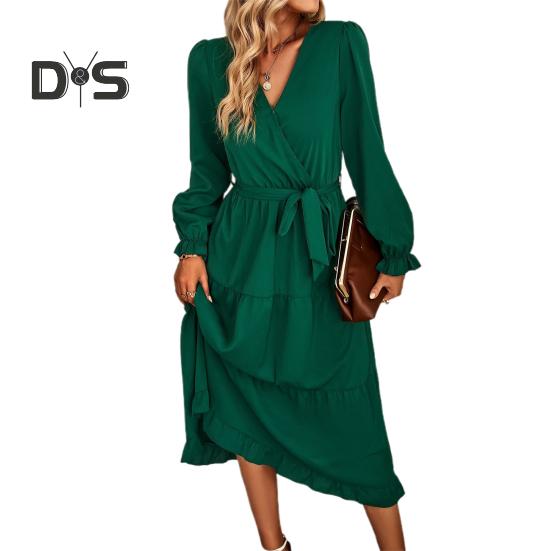 

Женское платье макси с длинным рукавом, повседневное, А-силуэт, свободное, струящееся, многоярусное, длинное, летнее, с V-образным вырезом, со шнуровкой, пляжный сарафан S темно-зеленого