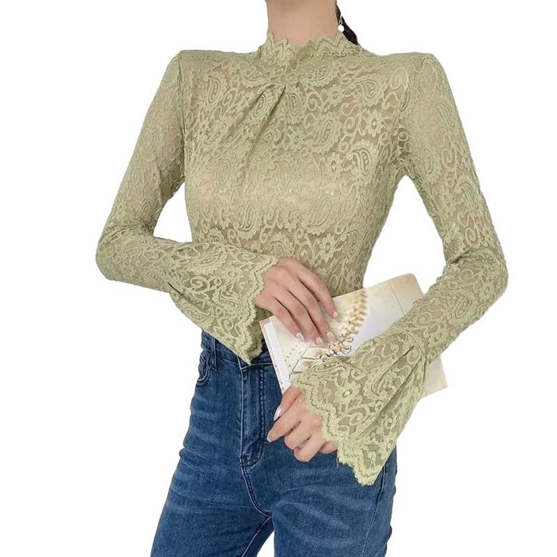 Women's Flower Lace Turtleneck Mesh Top Elegant Pullover