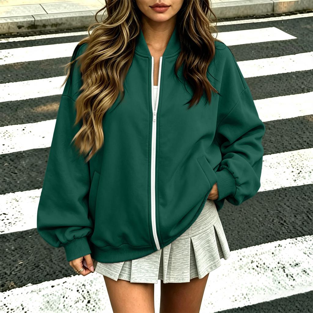 Women's Fashion Zip-Up Jacket with V-Neck Long Sleeve Loose Fit Color