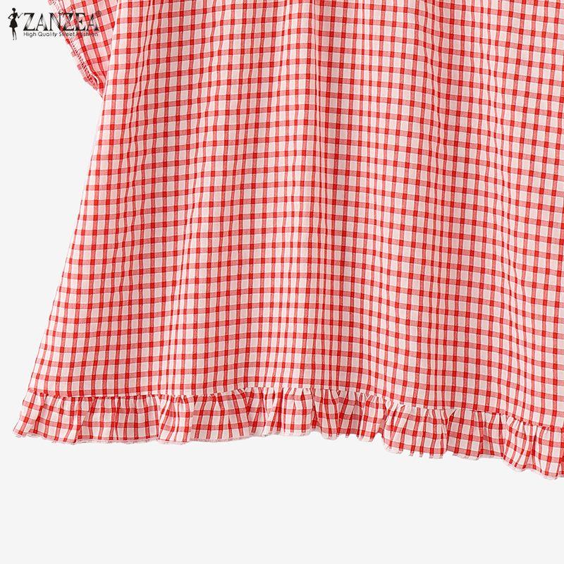 ZANZEA Women Grid Print Casual Round Neck Loose Short Sleeve Blouse