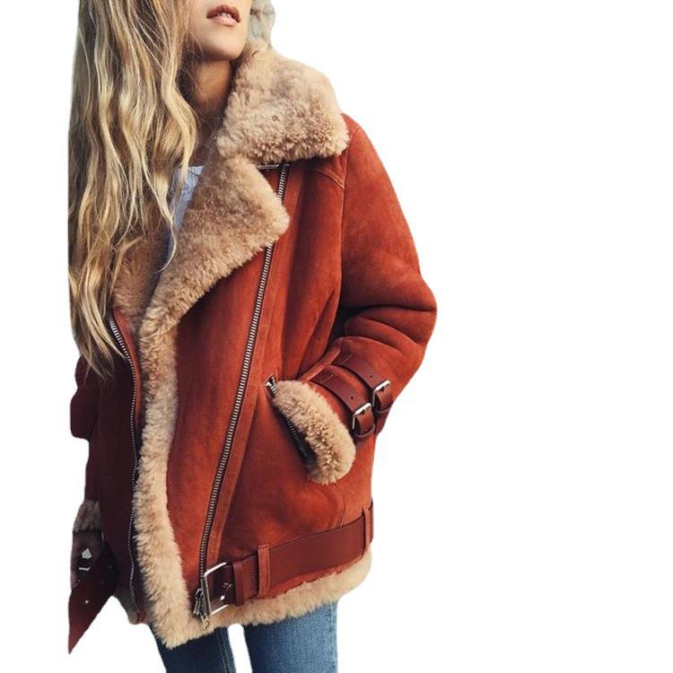 Women's Motorcycle Lamb Wool Fur Lapel Coat