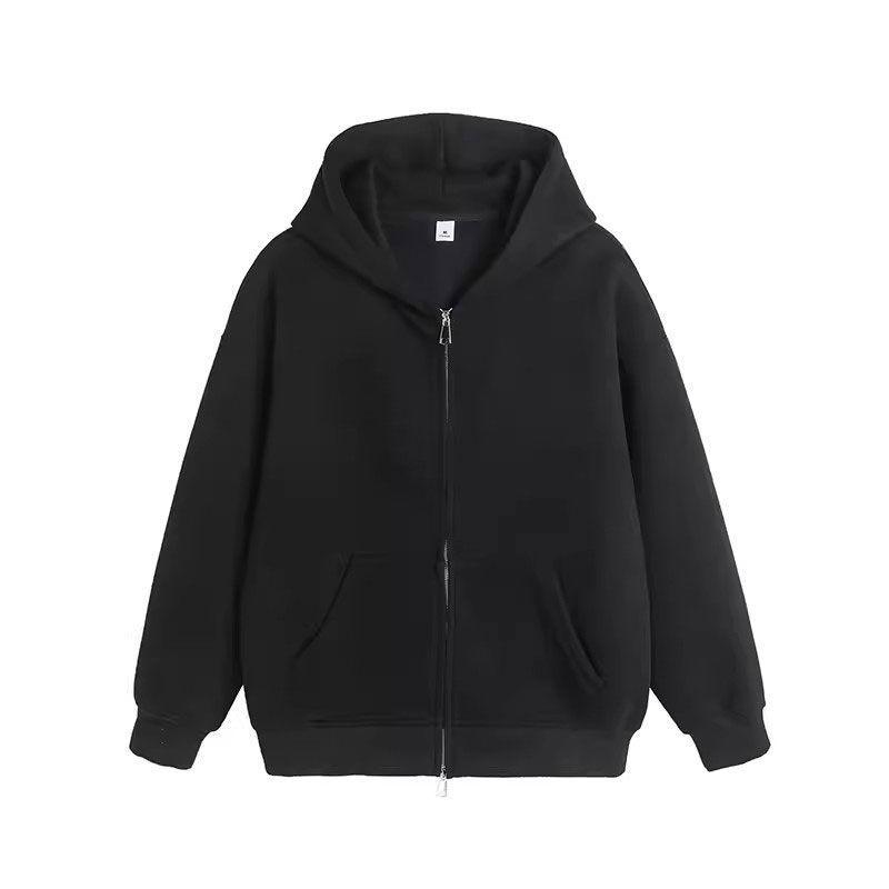 450g Fleece-Lined Drop Shoulder Pure Cotton Zipper Hoodie (No Hood, Large Fit, Double Zipper, Same Color Base, Trendy Brand)