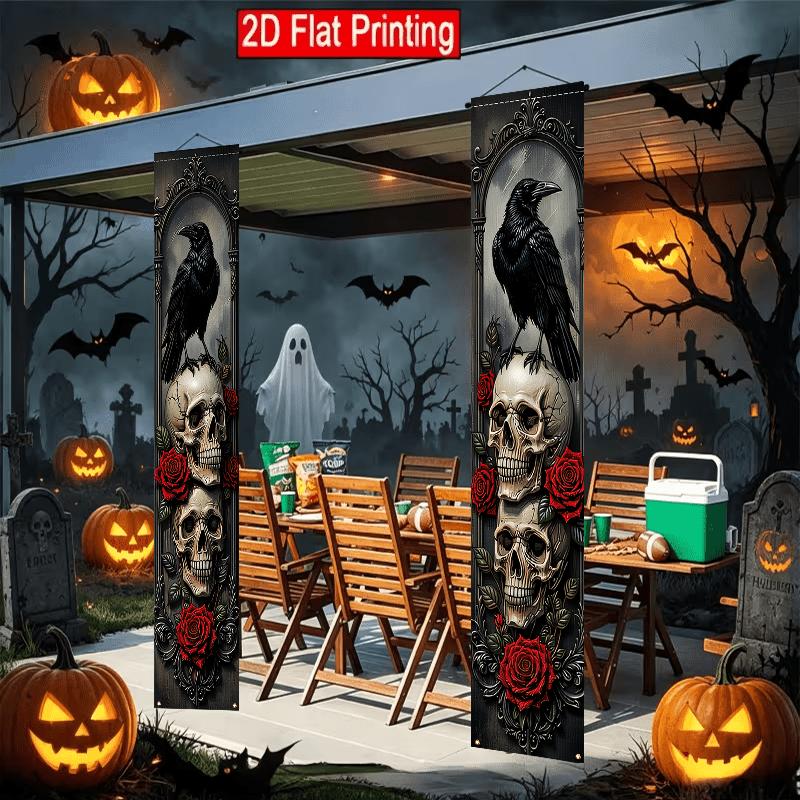 2D Flat, 2pcs 2D Flat Gothic Dark Retro Halloween Theme, 30.48X179.83 cm Polyester Door Couplet, Crow and Skull Design, Suitable for Halloween Outdoor