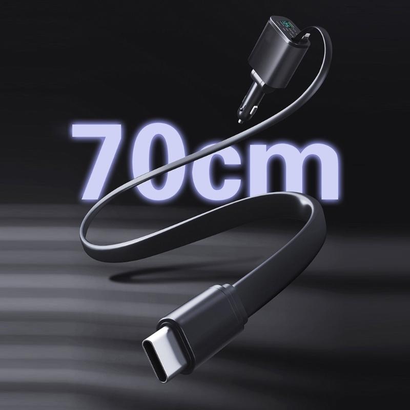 90W Double USB C Auto Charger Type C Retractable Cable Builts In Safety Protections for Multiple Devices Charging