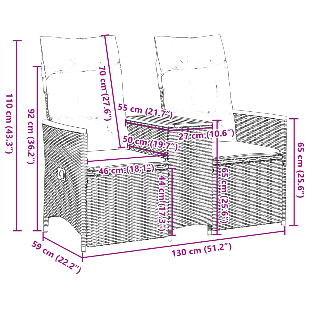2 Seater Garden Sofa with Table Adjustable Black Poly Rattan
