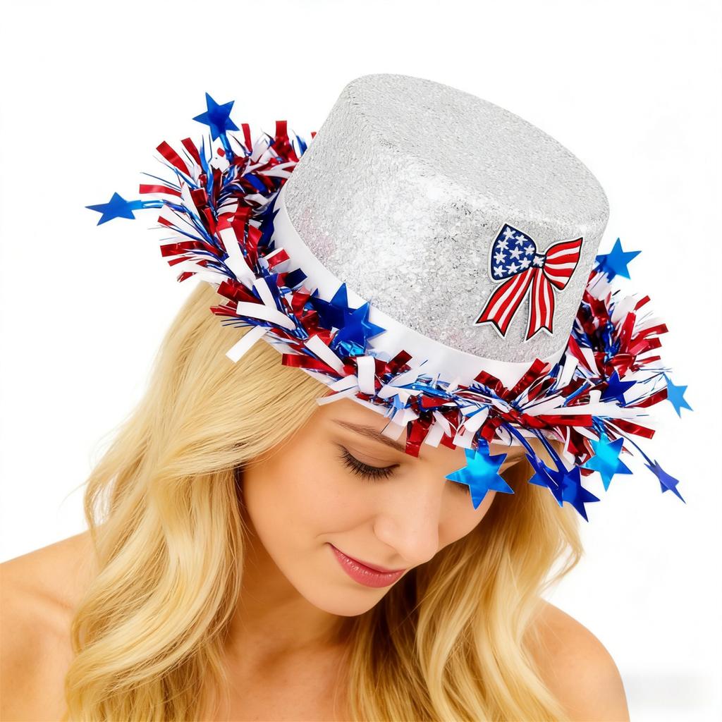 Patriotic Women s Fourth of July Sequin Top Hat with Stars and Stripes - Red White and Blue Party Accessory for Independence