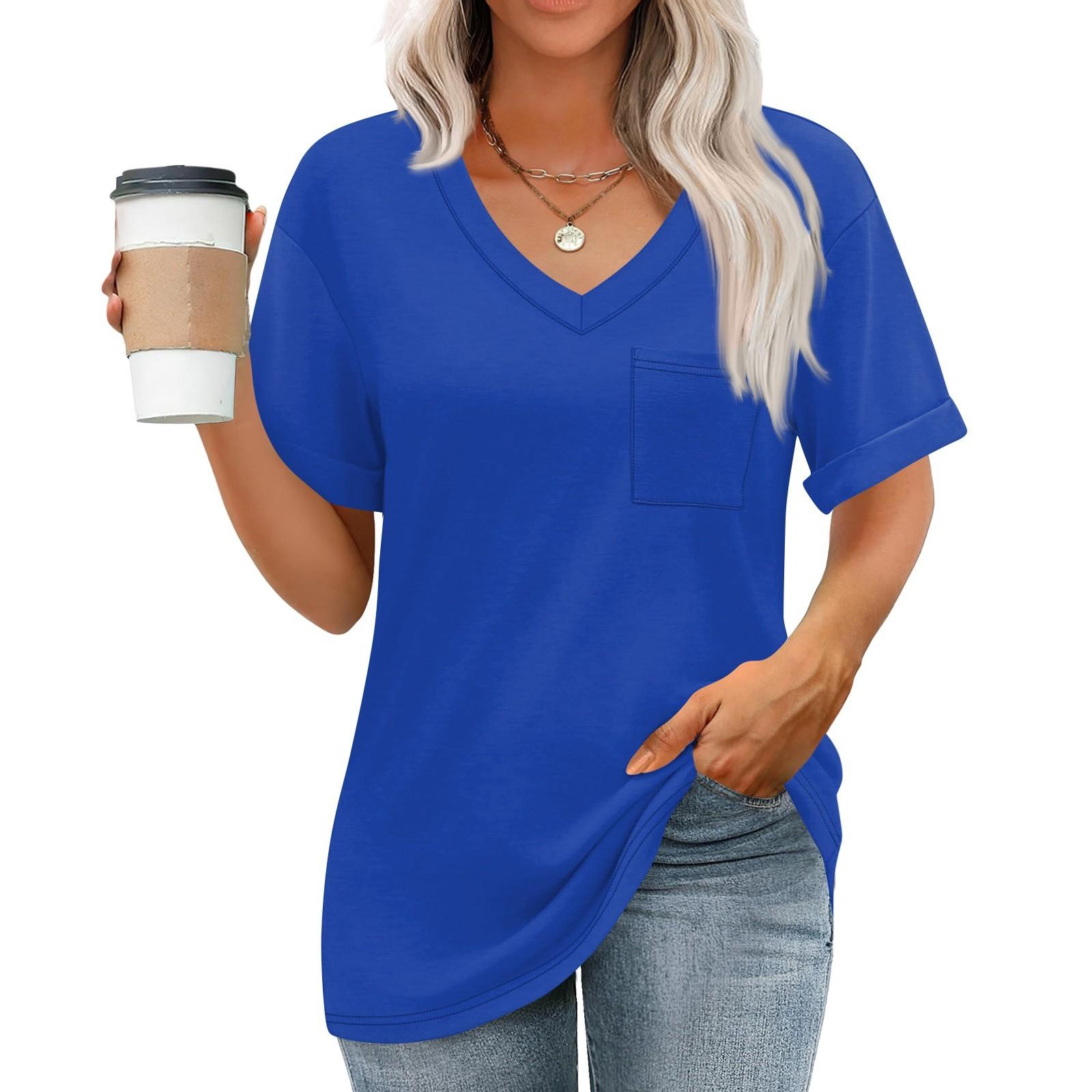 

Женские топы с V-образным вырезом и коротким рукавом Блузки Повседневные модные принты Туники Топы с карманами L синий
