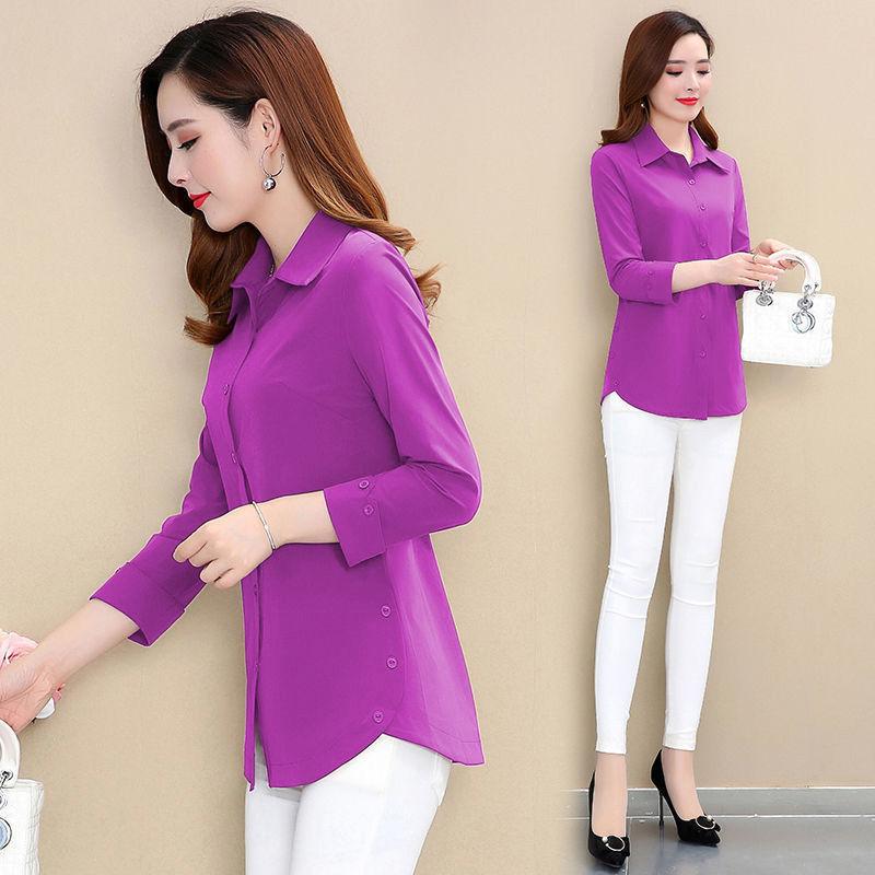 Women's Spring Autumn Long Sleeve Shirt Mother Outerwear Solid Color Turn-down Collar Blouse