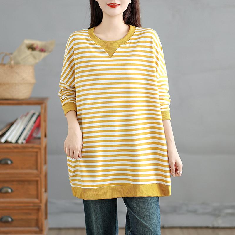 DIMANAF 2025 Autumn Plus Size T-Shirt Women Long Sleeve O-Neck Hoodies Loose Stripes Tops Tees Cotton