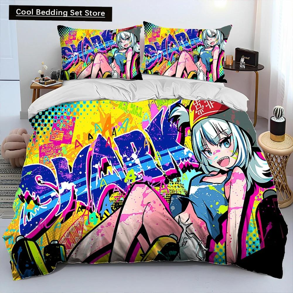 Comforter Cute Gawr Gura Hololive Anime Shark Comforter Bedding Set Bed Set King Queen Size Bedding Set