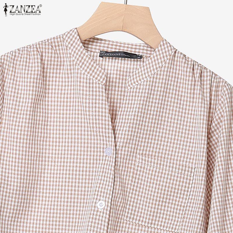 ZANZEA Women 3/4 Sleeve Blouse and Pants Plaid Print Two Piece Suit Sets