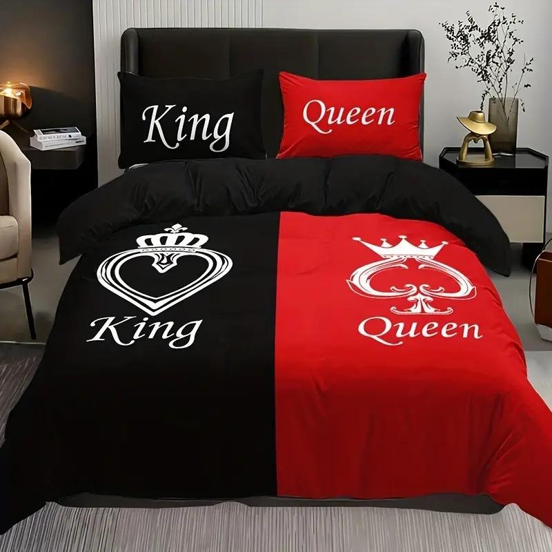 Comforter King Queen Black And Red Crown Design Comforter Soft Aesthetic Elegant Modern Bedding Set With 2 S