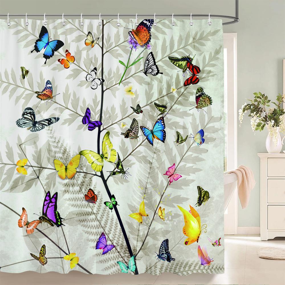 Bunte Schmetterlingsfedern 3D Duschvorhänge Badezimmervorhang mit Haken Wasserdicht 180x240 Polyesterstoff Dekoration Sichtschutz