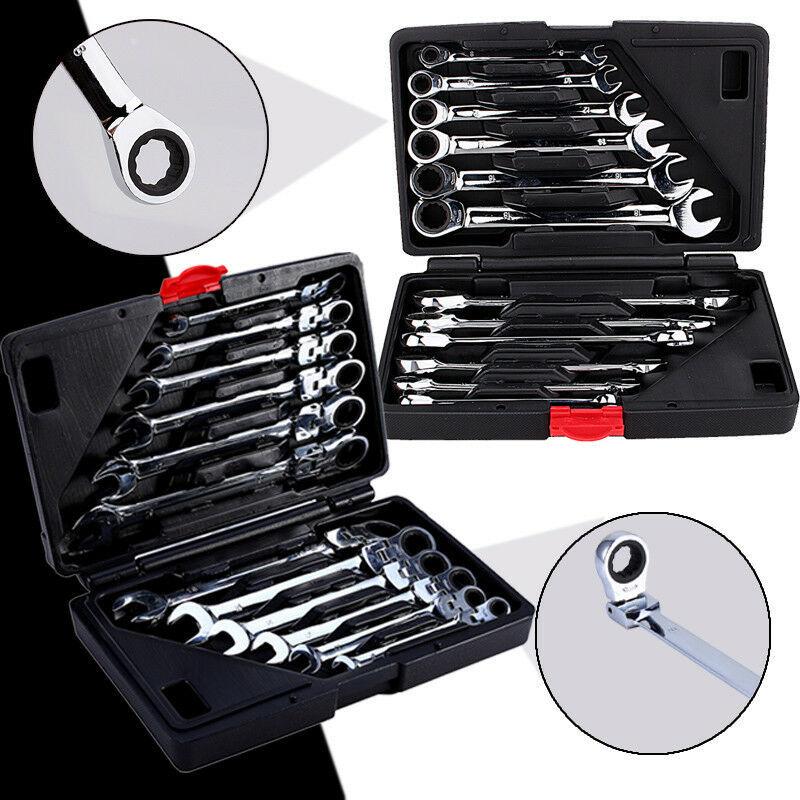 12Pcs/Set Metric Flexible/Fixed Spanners Ratchet Wrench Polished Tool Kit 8-19mm