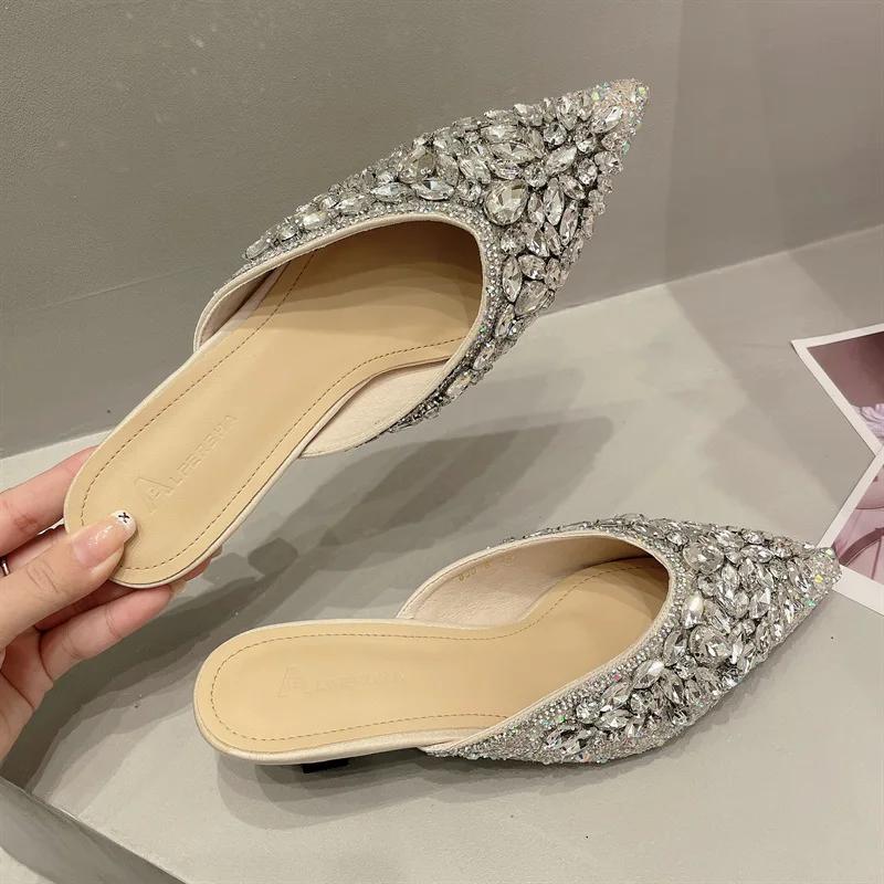 Luxury Rhinestone Sandals Women Slingback Slippers Female Fashions Low Heel Flip-flops Shiny Pointed Pumps Women Mules Slippers