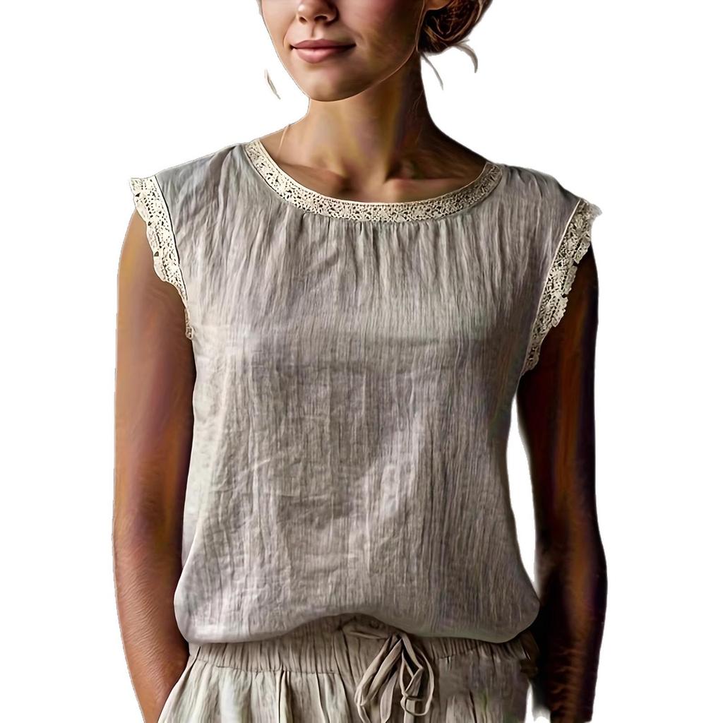 2026 Damen Retro Lockeres Ärmelloses Leinenhemd mit Spitzen-Patchwork