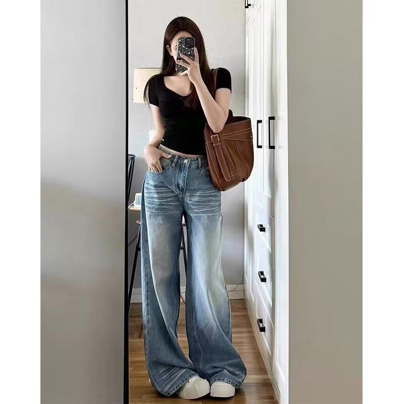 Blue Stone-Milled Wide-Leg Jeans for Women - Retro American Style, Low-Waist, Loose Fit, Drapey, Cracked, Floor-Length Jeans for Spring