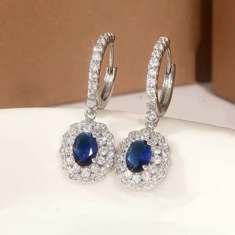 925 Sterling Silver Drop Earrings Blue CZ Inlay Fashion Jewelry Dangle Earrings for Ladies Party Wedding Anniversary