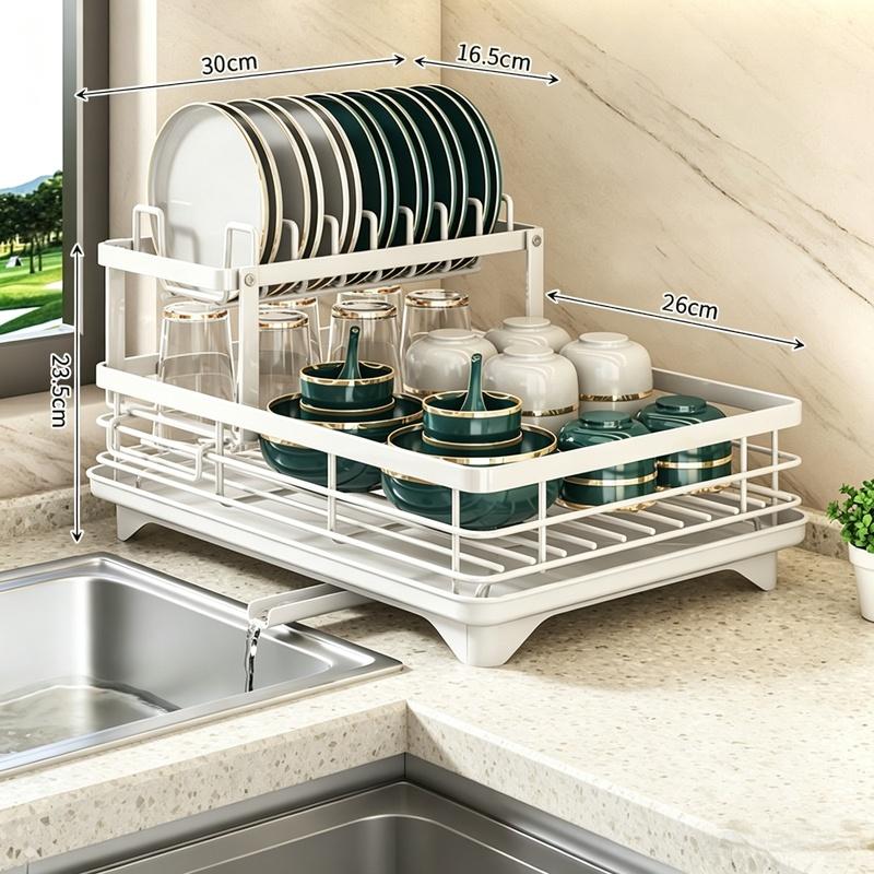 Extendable 1-Tier Metal Dish Drying Rack, Large Capacity Utensil Holder with Drain Board for Kitchen Counter