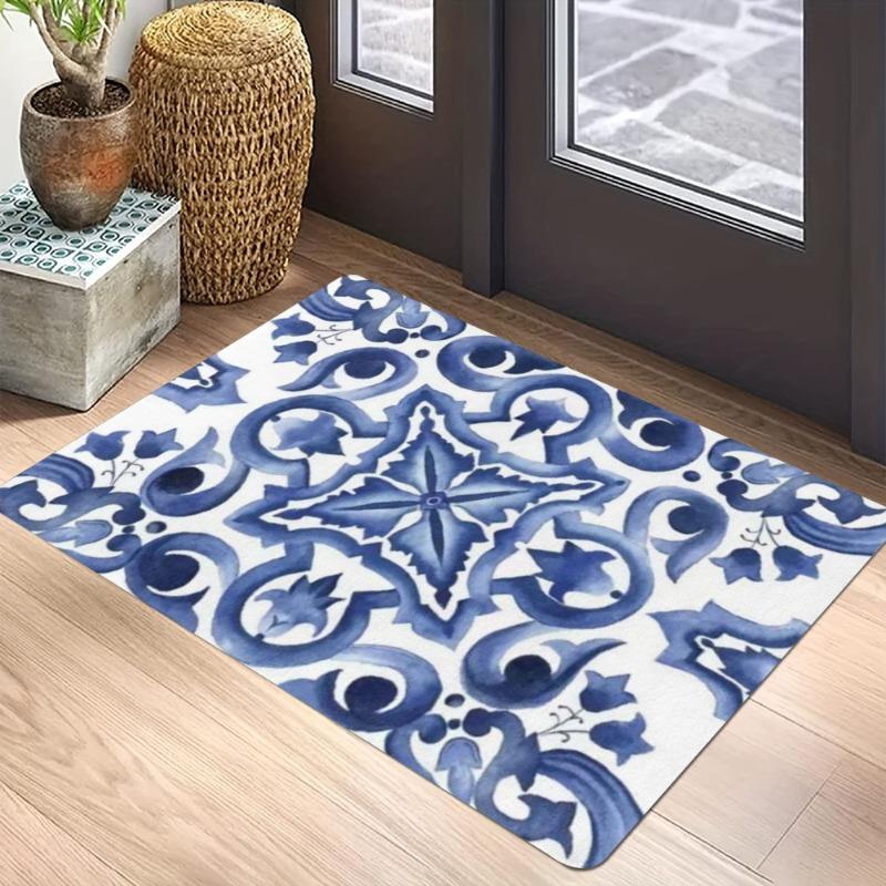 Blau Weiß Muster Teppichmatte - Symmetrisches Design Mediterran Geometrisch Vintage Traditionell Dekorativ Heimdekoration Teppich