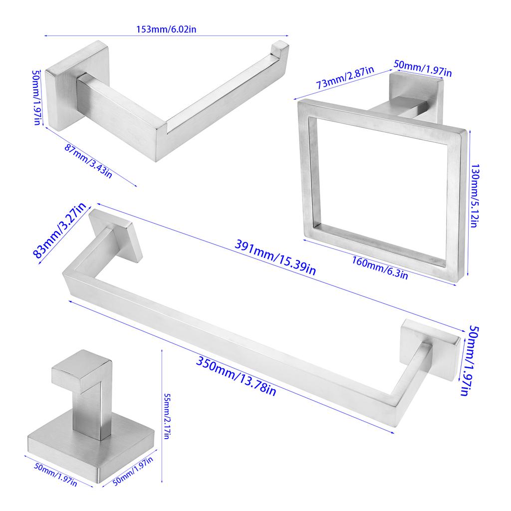 5pcs Stainless Steel Bathroom Hardware Set Robe Hook Towel Rail Bar Rack Shelf Hanger Tissue Toilet Roll Paper Holder Wall Decor