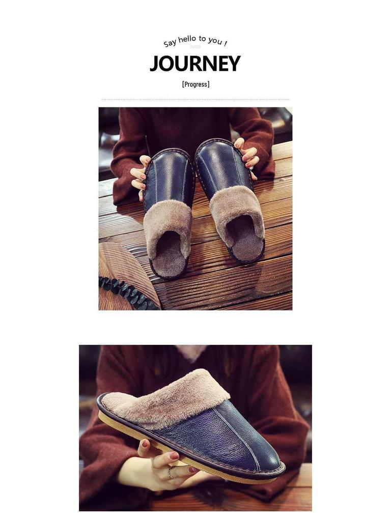 Unisex Genuine Leather Cowhide Slippers: Non-Slip, Warm Indoor Cotton Slippers for Autumn and Winter