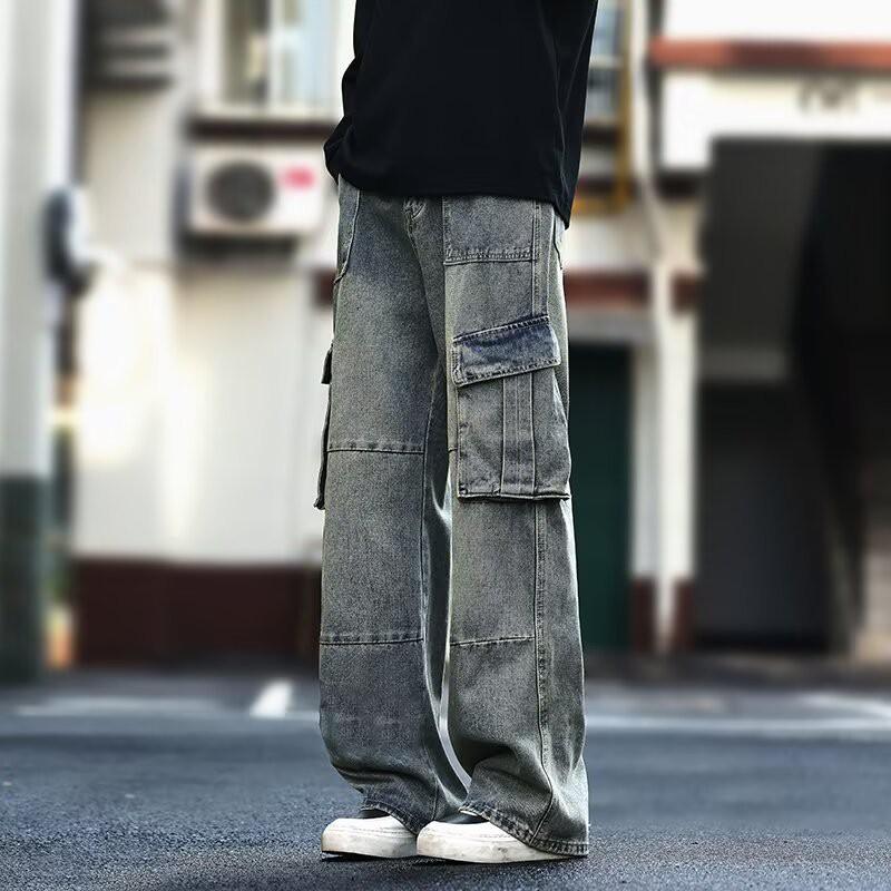 Mens Oversized Loose Fit Hiphop Denim Pants With 3D Pockets Washed Straight Leg Cotton Trousers Streetwear