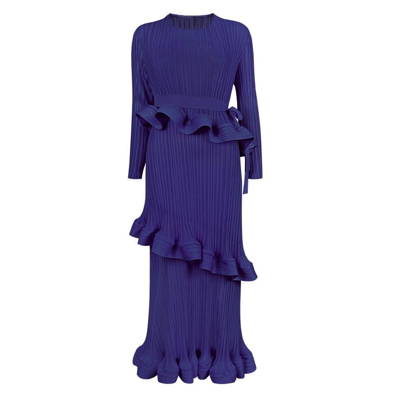Women's 2025 Spring Miyake Ruffled Long-Sleeve Lace-Up Dress, Medium-Length, Slim Fit, Pleated Bottom Skirt.