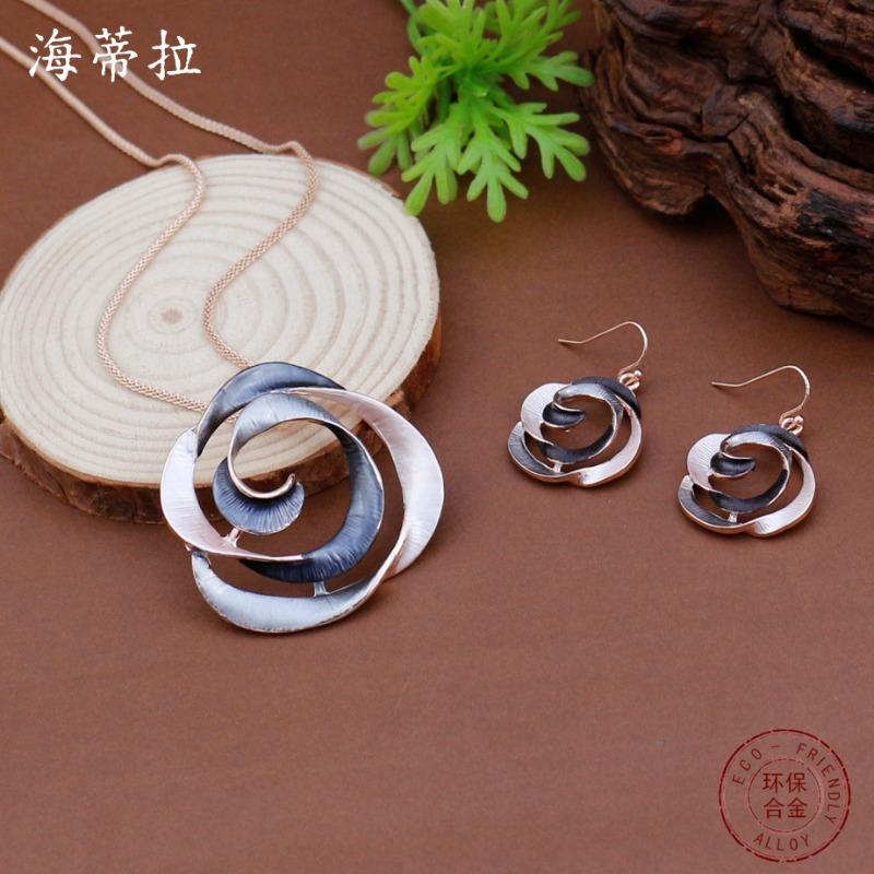 New Enamel Color Hollow Rose Earrings Pendant Set Women's Fashion High-end Rose Necklace
