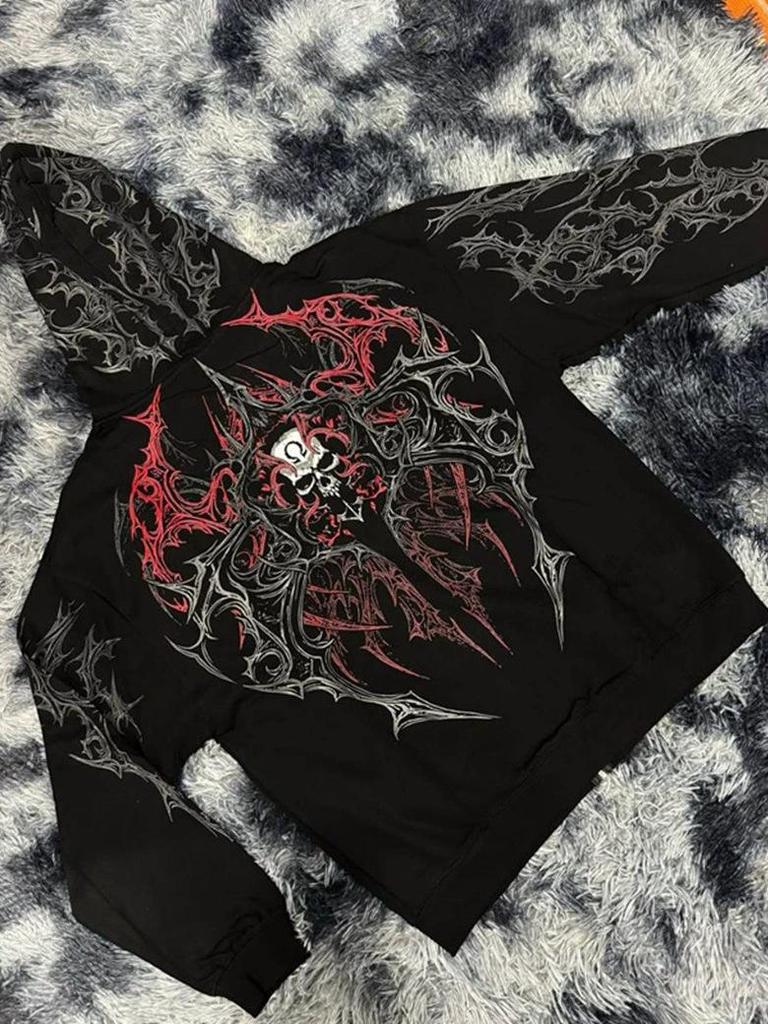 American Trendy Skull Print Zipper Hoodie: Autumn/Winter Dark Style