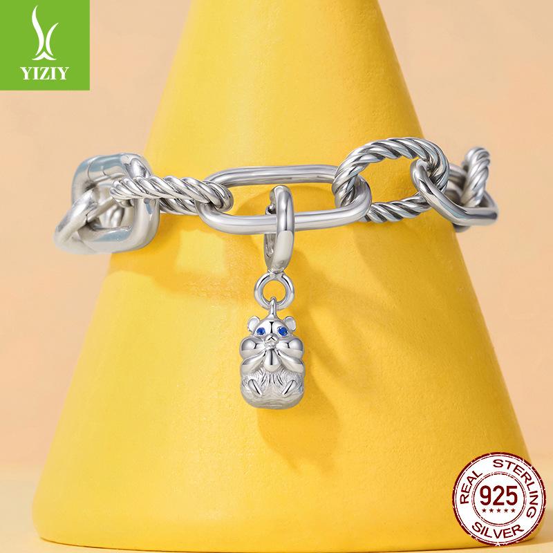 S925 Sterling Silver Cute Hamster Pendant Opening And Closing Button Head, Cute Pet Animal Diy Beaded Accessories