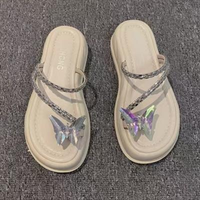 Mode Damenmode Rundkopf Kristall Schmetterling Zehen Weichsohlige Rutschfeste Flache Schuhe Dicksohlige Mittelhohe Pantoletten