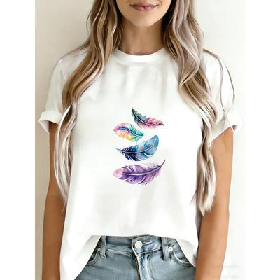 Women Casual Short Sleeve T Shirt White Colorful Feather Print Summer Outfit