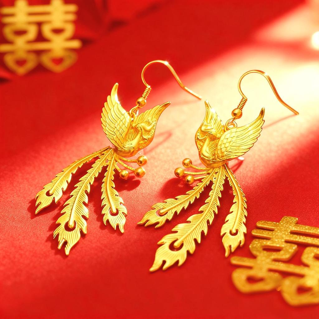 Phoenix Dance Gold-Plated Earrings for Women - Chinese Style Bridal Wedding Earrings