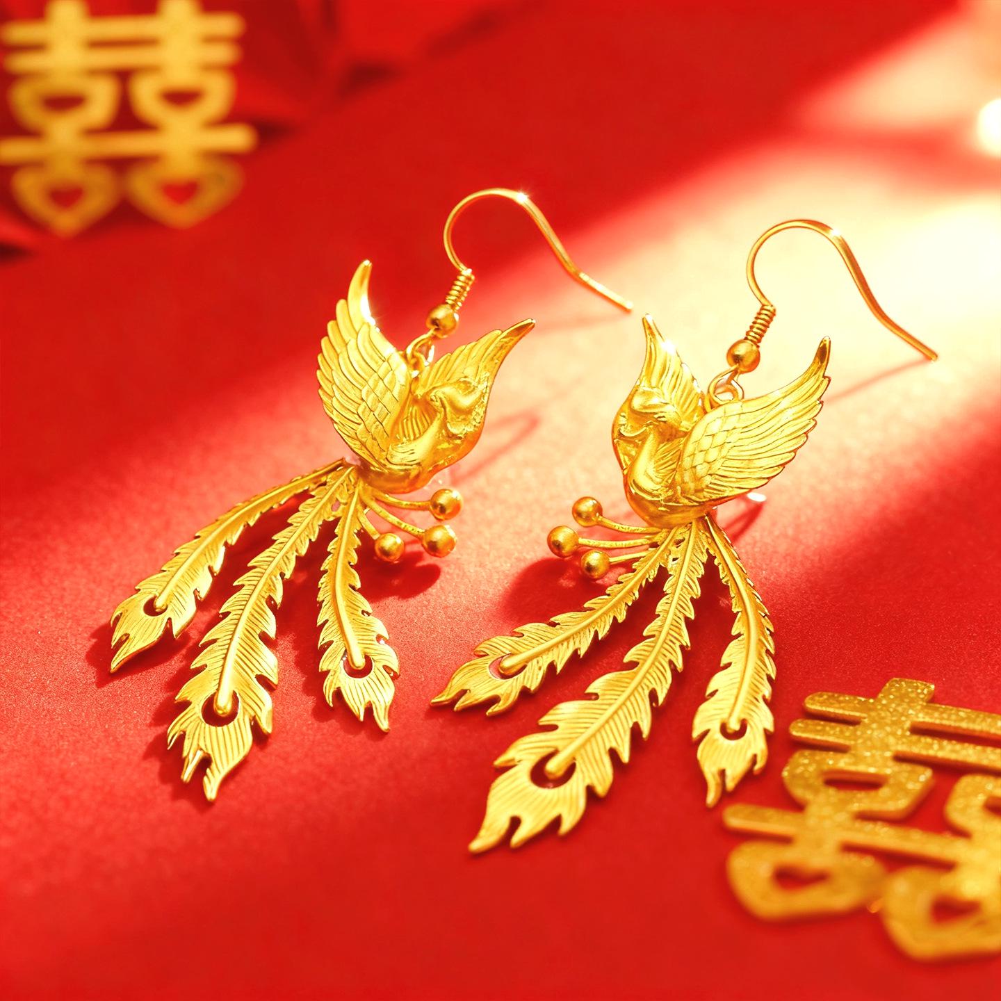 Позолоченные серьги «Танец Феникса» для женщин - Свадебные серьги в китайском стиле