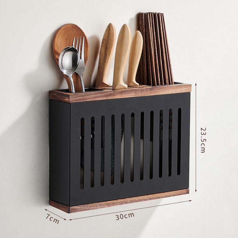 Wooden Kitchen Utensil Rack-Multifunctional Draining Chopstick Holder Wall-Mounted Cutlery Storage Box Knife Organiser