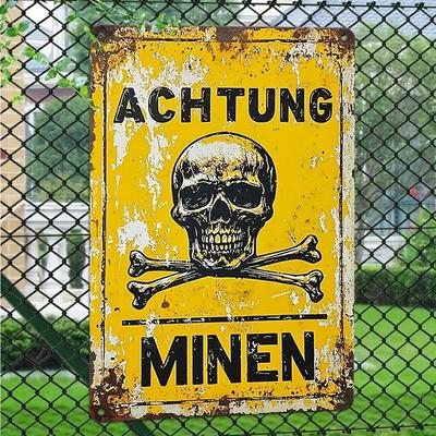 Vintage Metalowy Znak Niemiecki Wystrój Wojskowy Achtung Minen Rustykalna Żelazna Tablica Ścienna