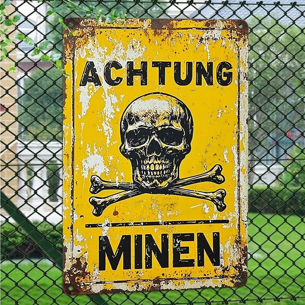 Vintage Metal Sign German Military Decor Achtung Minen Rustic Iron Wall Plaque