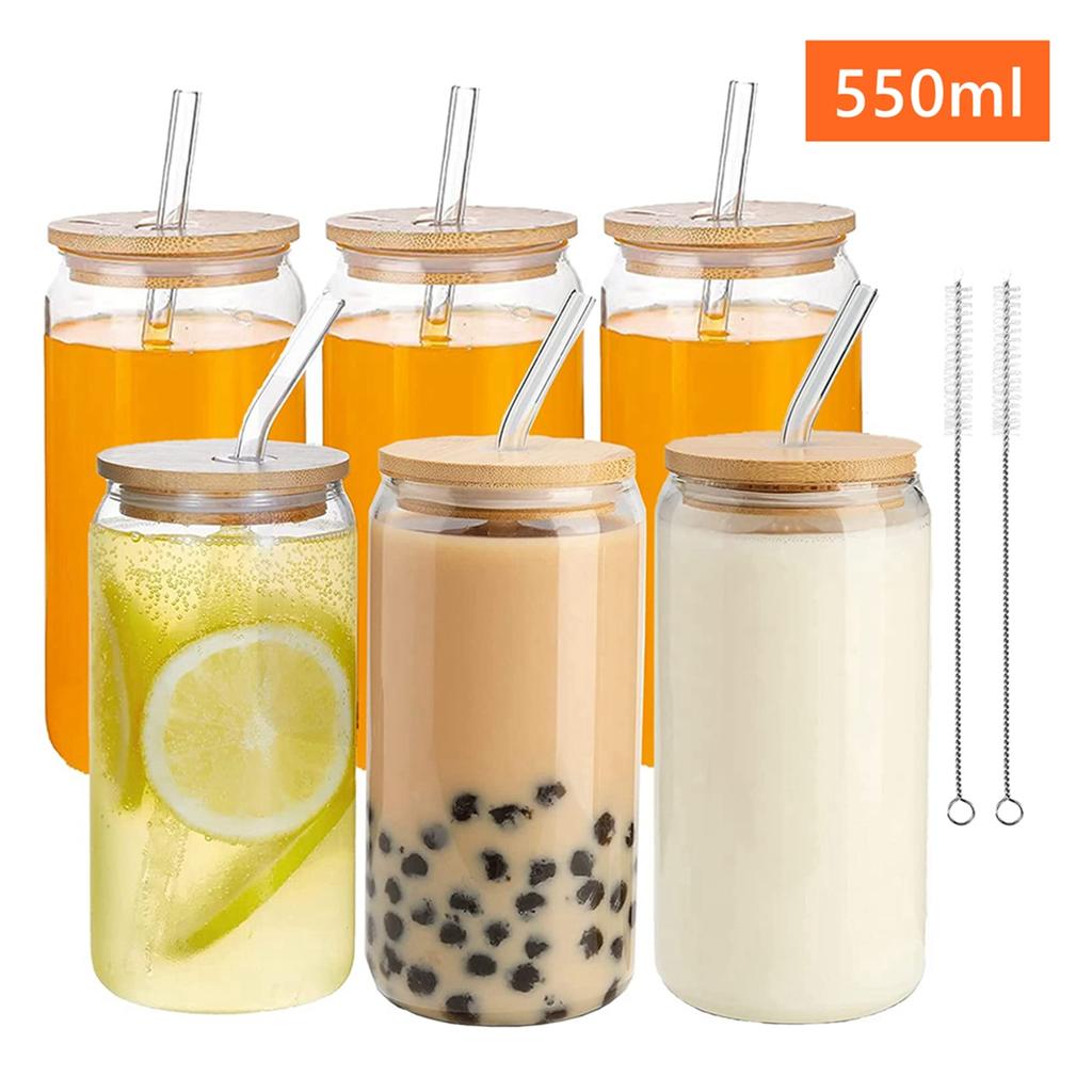 6 Stück Glas-Strohhalmbecher, Gläserbecher mit Strohhalmen und Bambusdeckeln, Trinkgläser für Kaffee, Bier, Cocktail, Wein, Soda, Cola, Glasbecher