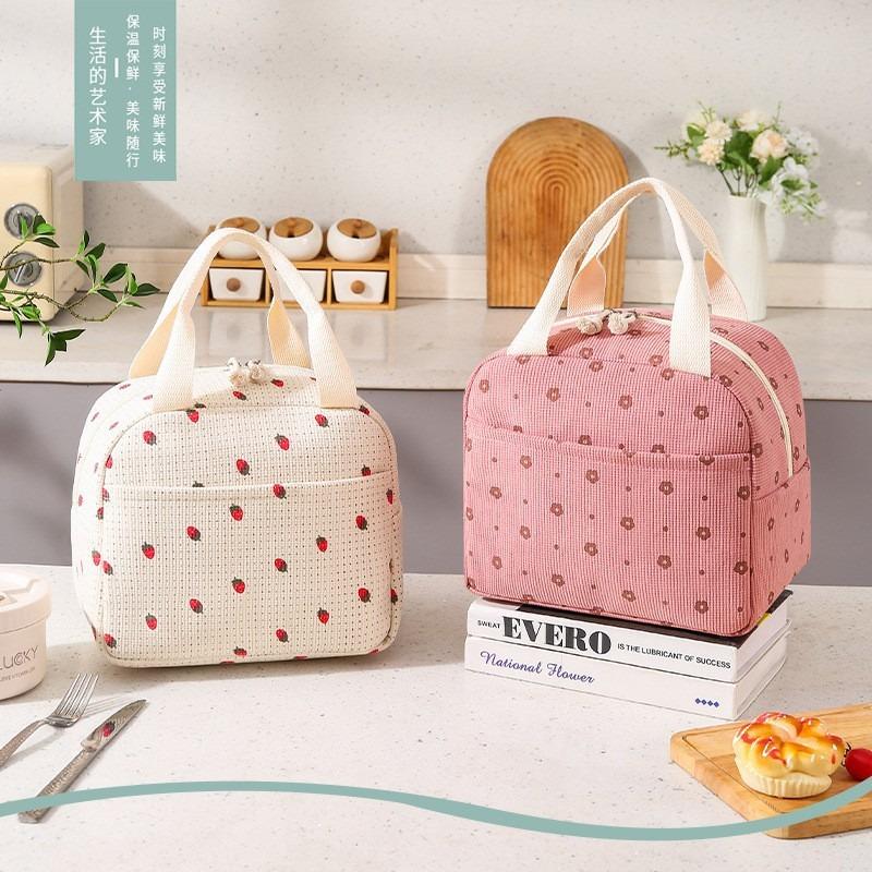 Caixa de Comida Morango Sacos de Gelo Florais Bolsa Térmica de Almoço Portátil Veludo Corduroy Durável Impermeável Fofa Caixa de Almoço Estojo Isolado Acampamento