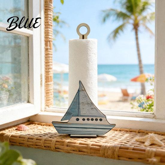 Paper Towel Holder Solid Wood Design Style Ocean with Seahorse Vertical Holder Kitchen Roll Stand Durable Wooden Crab Sailboat