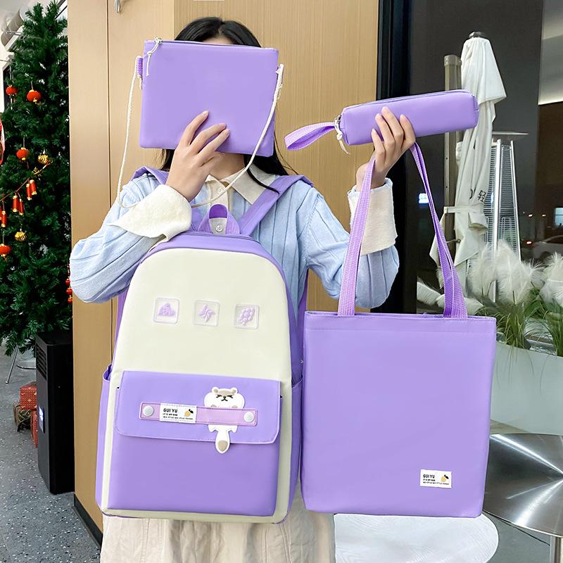 

New Simple Contrasting Student Schoolbag for Women with Large Capacity Casual Backpack Four Piece Backpack