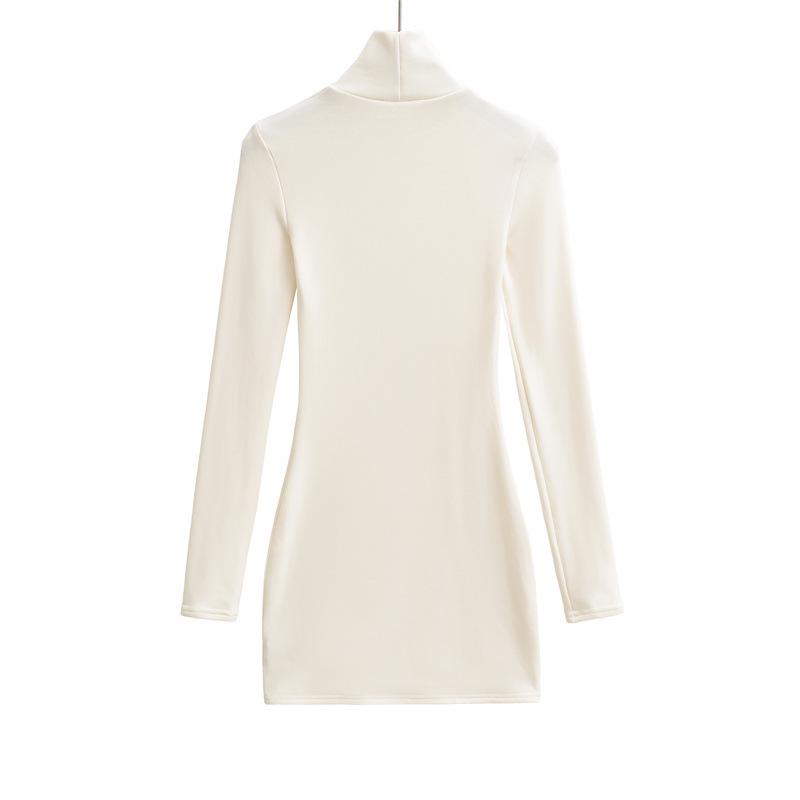 Elegant High-Neck Faux Cashmere Long-Sleeve Dress for Women, Autumn/Winter, Slimming Stretchy Fit, Short Plush Skirt
